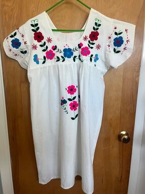 White Embroidered Floral Dress - Multicolor Flowers